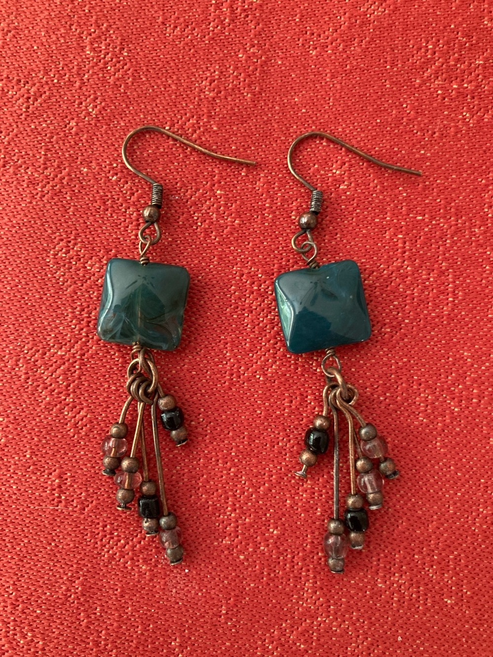 Green Glass Square Dangle Earrings with Beaded Tassels
